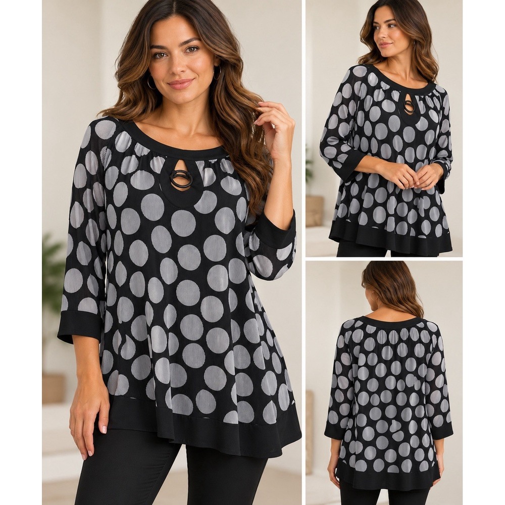 Women's black and silver-grey polka-dot top with a keyhole neckline Plus Size 2X